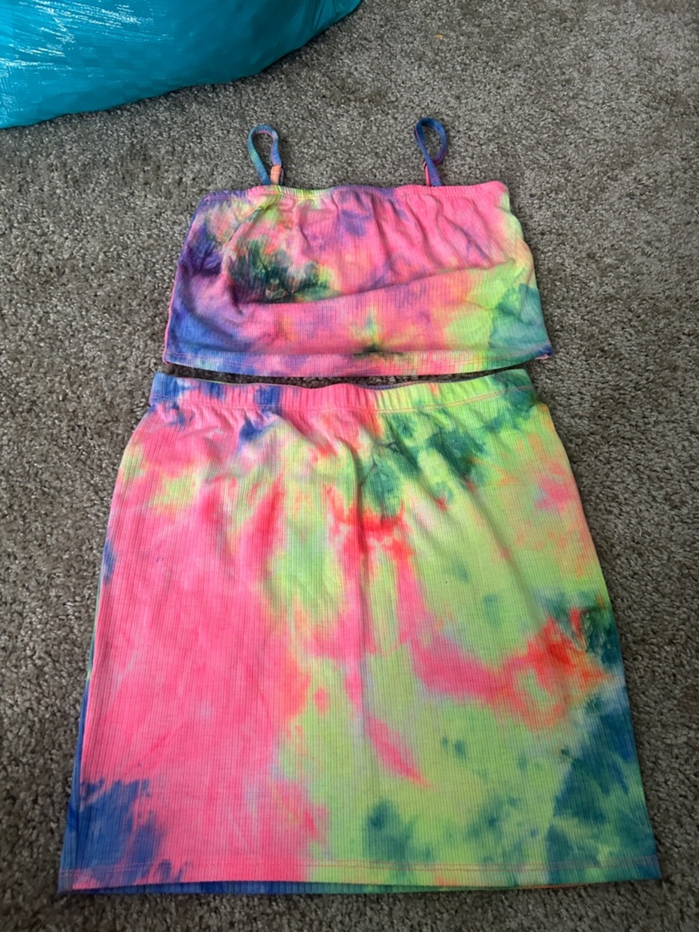 Neon Tie-Dye Ribbed Two-Piece Crop Top and Skirt Set